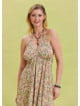 V Neck Backless Halter Neck Beige Floral Dress 4656